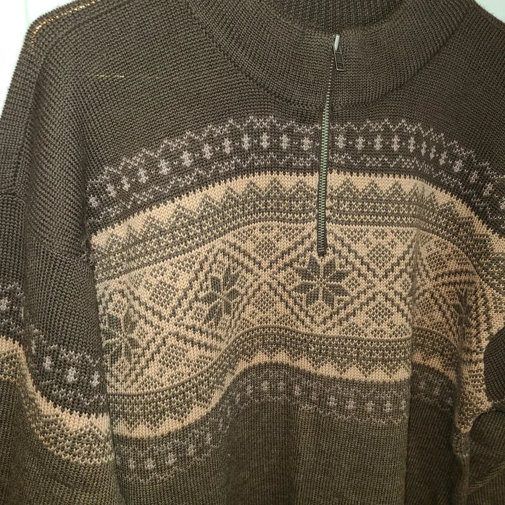 Vtg Herman Geist Wool Fair Isle Sweater Hand Embroidered Chocolate Brown‎ Tan Lg